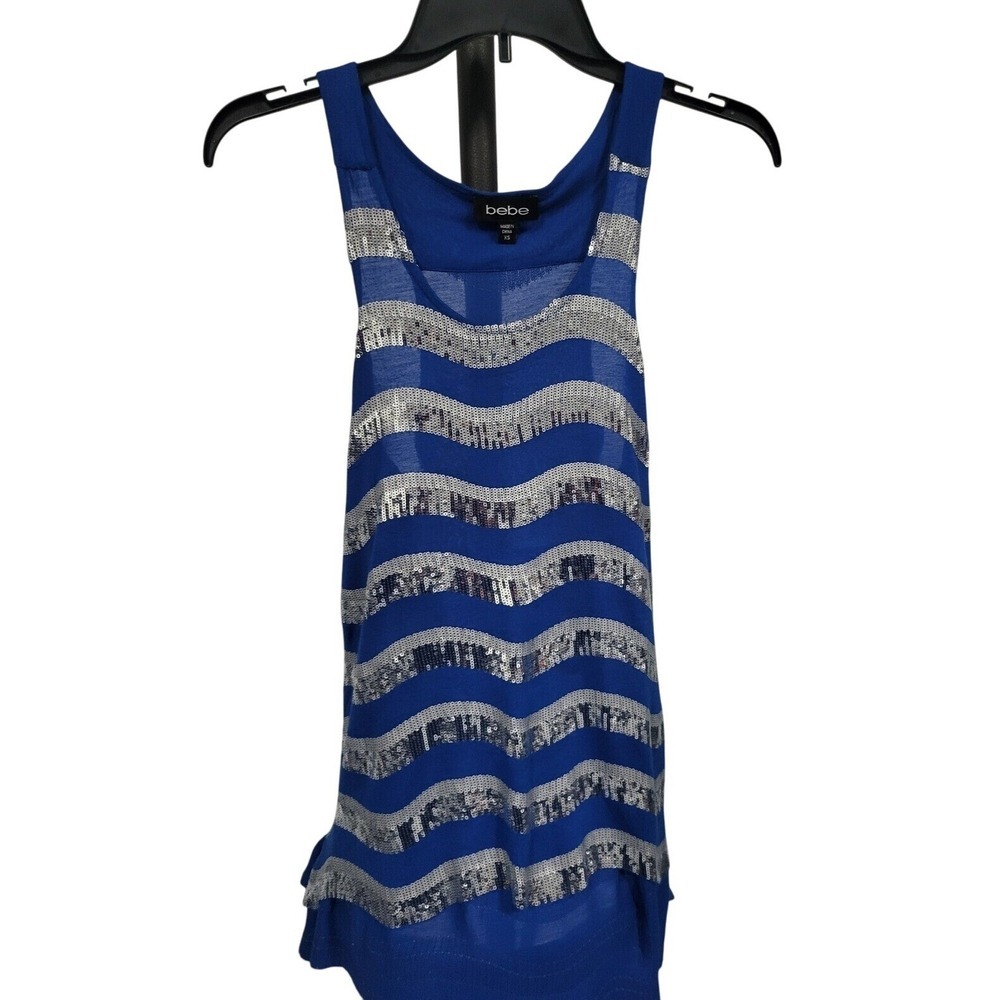 Bebe Sequin Tank Top Blue Silver Sleeveless Party Top XS